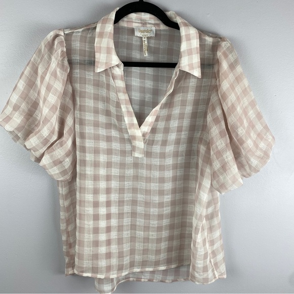 LAUNDRY by Shelli Segal Pink Semi Sheer Buffalo Plaid Blouse Medium - Picture 2 of 11